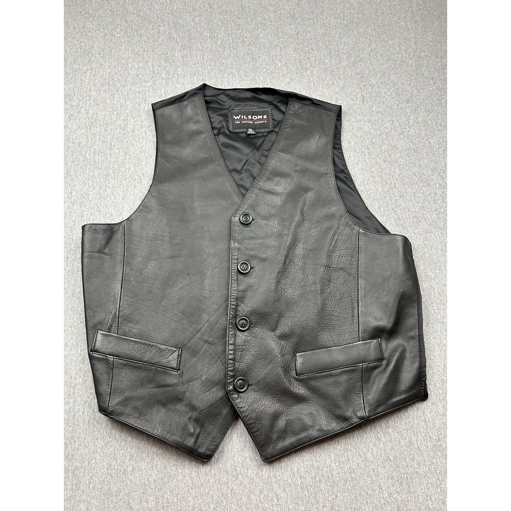 Wilson's The Leather Experts Black Leather Vest Button Mens XL Motorcycle Biker